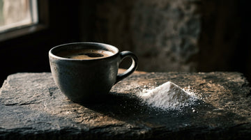 Coffee cup and creatine powder on dark stone surface