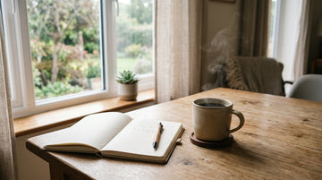 Steaming coffee cup on a wooden table in soft morning light