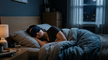 Person sleeping peacefully with eye mask in dark bedroom